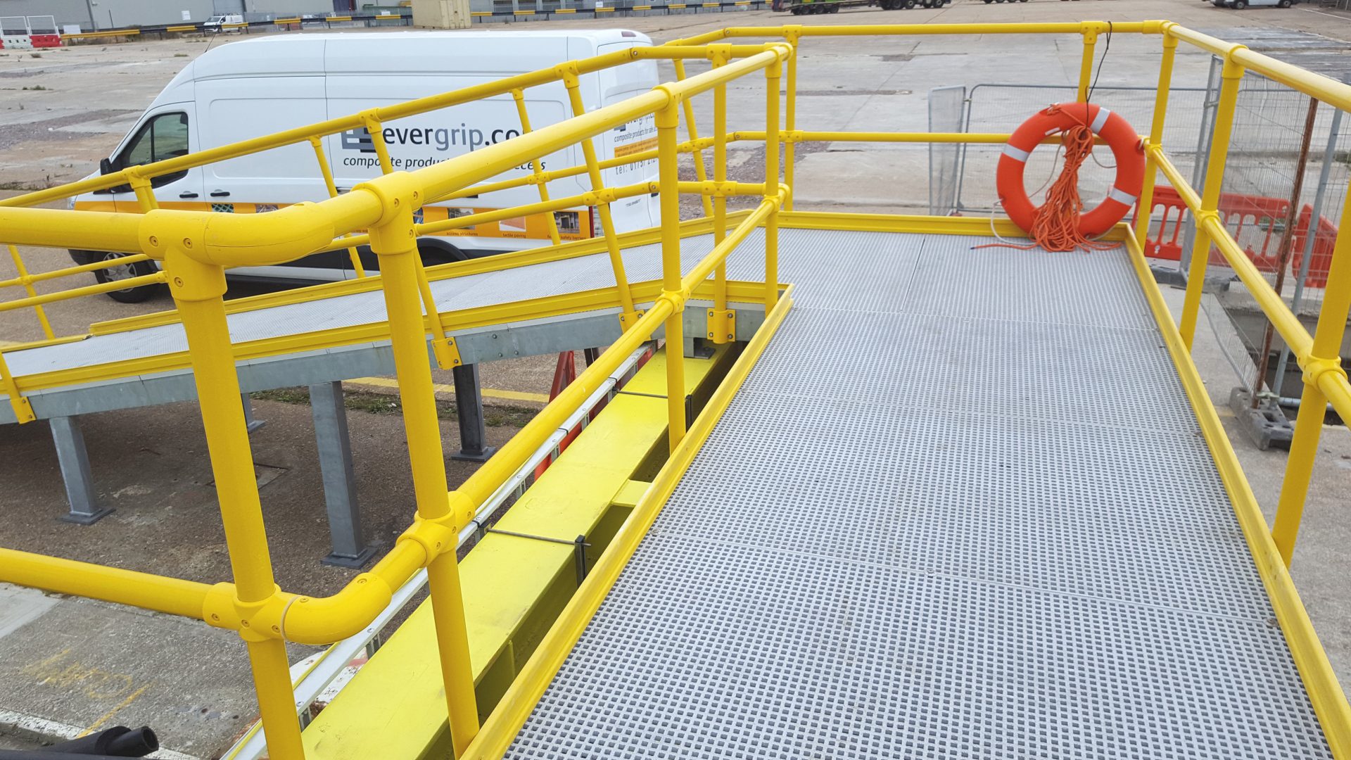 GRP grating and guard rail quayside ramped safe access walkway steel frame